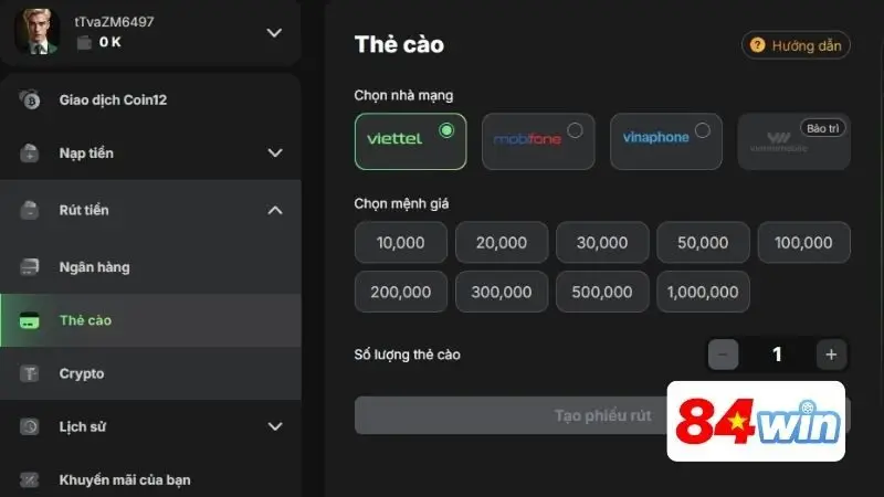 Cách rút tiền từ tài khoản 84Win chi tiết
