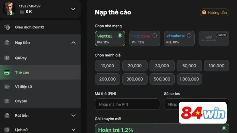 Chi tiết các bước nạp tiền 84Win cho newbie